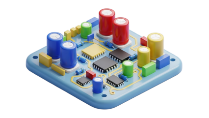 Colorful electronic circuit board with components on a light blue background isolated on a transparent background