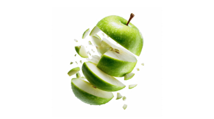 Vibrant green apple slices and fragments suspended in dynamic motion against a black background