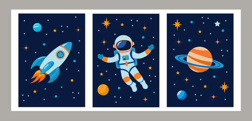 Set of 3 posters featuring an astronaut, a rocket, and a planet. Children's design for postcards, posters, birthday greetings, or room decoration.