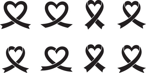 Heart Ribbon Awareness Icon Set, Health Awareness Vector Set.