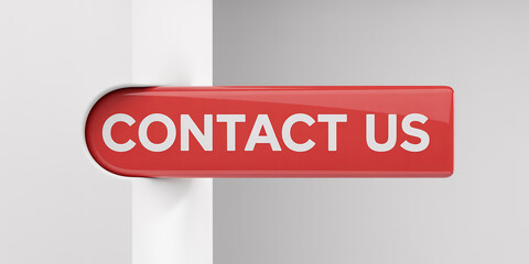 Red button with white text " CONTACTUS" protruding from a white surface contact us