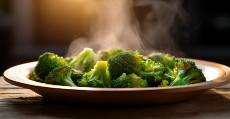Steamed Broccoli On Wooden Plate — Fresh Green Vegetable Side Dish For Healthy Meals