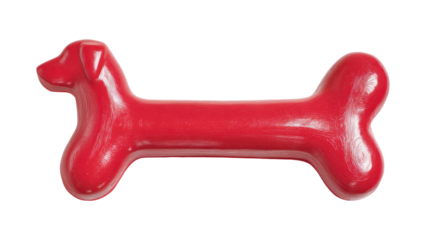 A red rubber dog bone toy with one end shaped like a dog’s head isolated