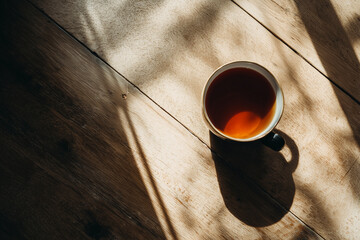 Cup Of Tea On A Wooden Table, smooth soft shadow, dominant colors gray, black, website header, social media banner, app UI, presentation background