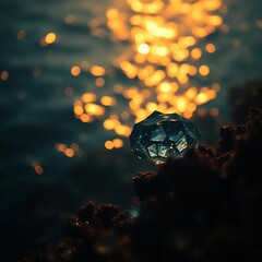 Ocean's jewel emerges from shadowed reef, bokeh whispers light ,  veiled,  photography
