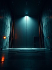 Massive steel door, a cavernous void illuminated by a solitary spotlight, emphasizing its imposing presence ,  mystery,  monumental
