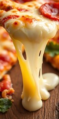 Melted mozzarella cheese stretching from a slice of pizza, showcasing its gooey and delicious texture A close-up view,  melted,  savory