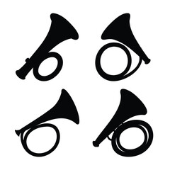 Collection of varied black silhouette horn musical instruments on a pristine white background
