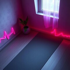 Digital oasis, neon veins pulse across yoga mat icon, gray canvas for future wellness,  futuristic,  digital