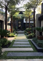 Obraz premium Modern garden pathway lined with trees leading to contemporary building