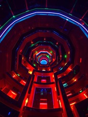 Abstract geometric labyrinth unfolds with electric hues, viewed from a celestial perch,  pattern,  saturated