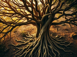 Ancient arboreal mind, roots reaching like neural pathways, bathed in sepia light,  old photo,  film grain