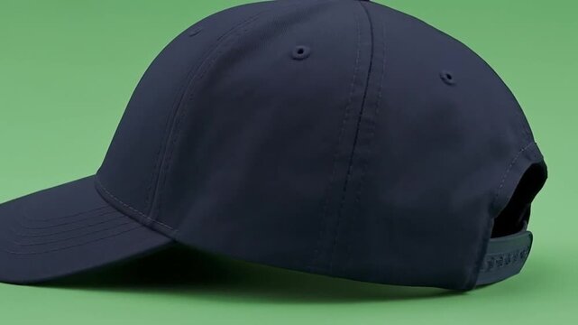 Plain Dark Blue Baseball Cap on Green Background Studio Shot.