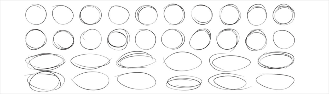 Ellipse pencil doodles for highlights. Black pen oval sketches. Marker circle doodles. Set of hand drawn horizontal circles isolated on white background. Realistic vector