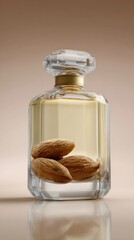 Opulent almond essence vial, echoing marzipan whispers, evokes Diwali opulence, nourishing elixirs, sensory indulgence, and alchemical traditions
