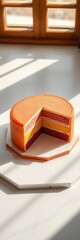 A minimalist cake on a hexagonal grid, sliced to reveal vibrant layers, casting sharp shadows,  layered,  artistic