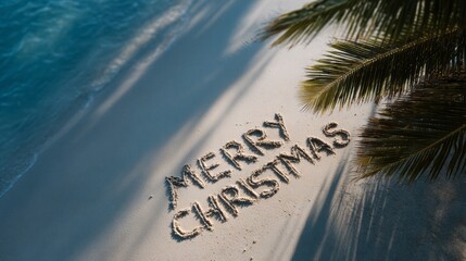 Sand-written Merry Christmas on tropical beach, embracing festive tranquility, yuletide serenity and sunlit escapism, reminiscent of Festivus celebrations