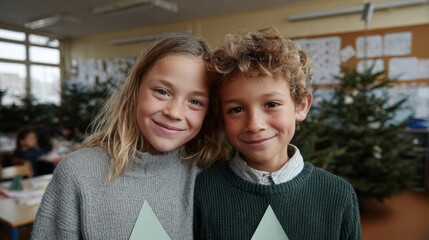 Smiling Caucasian siblings embrace joyfully in a festive classroom, celebrating Yule with evergreen crafts and sparkles