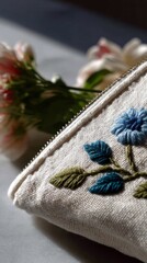 Embroidered muslin pouch adorned with azure flora, whispering tales of Serbian spring and intricate World Embroidery Day crafts