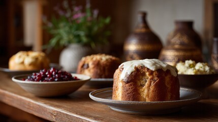Cozy golden loaves bask in rustic warmth, echoing Slavic kulich traditions and autumnal equinox gatherings, amidst festive earthenware