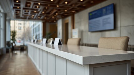 Modern conference foyer whispers anticipation, sleek ivory countertops await global delegates; echoes of World Urbanism Day and Geek Pride