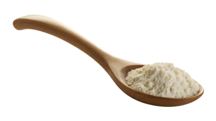 A light brown natural wooden spoon holds a generously mounded heap of fine white powder or flour an essential baking and cooking ingredient presented with crisp studio lighting highlighting 