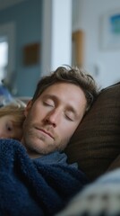A serene Caucasian man naps on a cozy sofa, whispering dreams of Hygge warmth and National Napping Day tranquility