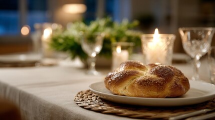 Golden challah on linen table, flickering candlelight whispers Shabbat serenity, interwoven textures reflect soulful Yom Kippur traditions