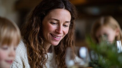 A Caucasian woman joyfully embraces familial warmth over a cozy winter solstice feast, weaving tales of hearth and heritage