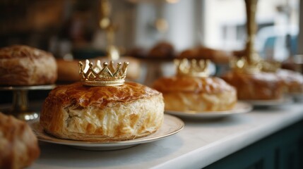 Golden crowns grace flaky Galette des Rois, celebrating Epiphany's regal richness and hidden charms in French patisserie tradition