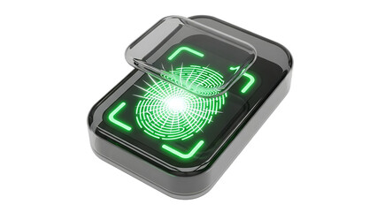 Fingerprint scanner with green light on screen isolated on a transparent background technology