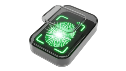 Fingerprint scanner with green light on screen isolated on a transparent background technology