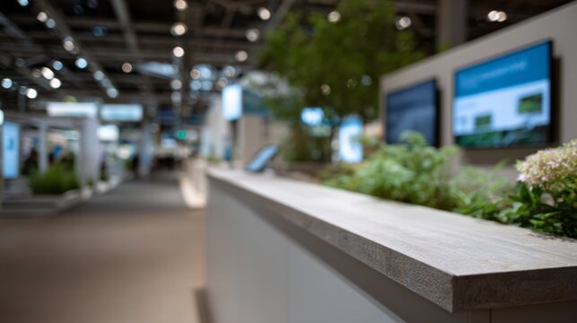 Modern trade show booth with lush foliage, evoking eco-innovation and Earth Day, seamlessly blending technology with nature's embrace