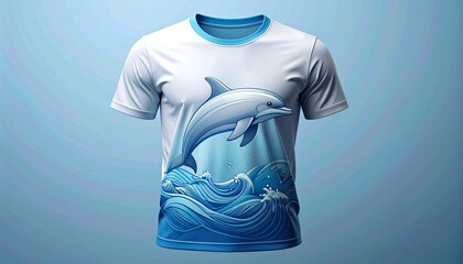 A white t-shirt with a 3D dolphin illustration, friendly smile, and rounded shapes on a blue background