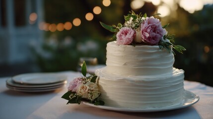 Elegant peony-adorned cake glows under twilight, evoking whispers of Midsummer Night's feast, perfect for whimsical weddings and Ostara celebrations