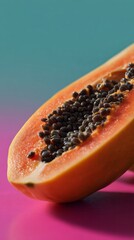 Close-up of vibrant papaya, tropical solstice feast, symbolic fertility fruit, contrasting hues inspire culinary wanderlust and exotic summer festivals