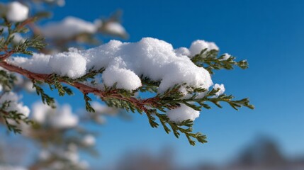 Snow-laden cedar whispers winter tranquility, evoking Frost Fair nostalgia and Nisse Night folklore, under cerulean skies