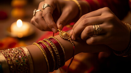 Hands tying a gold bracelet on a wrist adorned with colorful bangles and rings