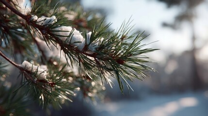 Frost-kissed pine needles glisten with winter's embrace, echoing Yule tidings and Nordic solstice serenity amidst snowy whispers