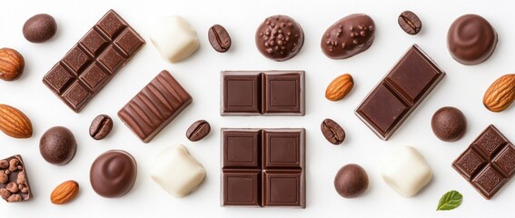 Chocolate assortment of dark, milk and white bars, pralines and truffles scattered with whole almonds and roasted coffee beans in a rich overhead flat lay pattern