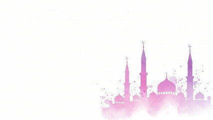 Obraz premium Serene watercolor silhouette of a grand mosque with minarets emerging from soft pink and lavender splashes. Watercolor style