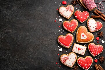 Valentine's Day heart shaped cookies with love decorations