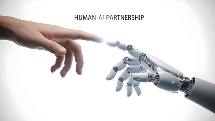 A human hand reaching out to touch a robotic hand made of glass and light, "Human-AI Partnership," ethereal white background.