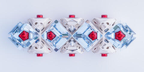 Isometric view of a symmetrical abstract object featuring red and transparent elements
