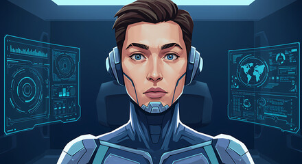 Cyborg Wearing Headphones in Virtual Reality Environment