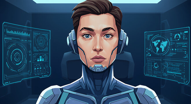 Cyborg Wearing Headphones in Virtual Reality Environment - Powered by Adobe