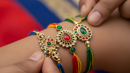 Closeup of hands tying colorful traditional Indian rakhi bracelets with gemstones on a wrist festival
