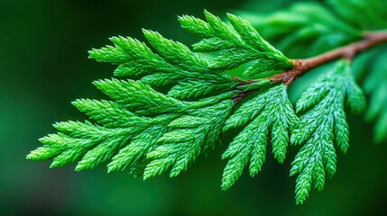 Close-up of vibrant green conifer leaves on a branch.