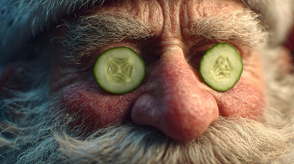Santa Claus wearing cucumber slices over his eyes in a humorous self care concept.