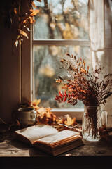 Cozy autumn window scene featuring a vase of flowers and an open book on a wooden table